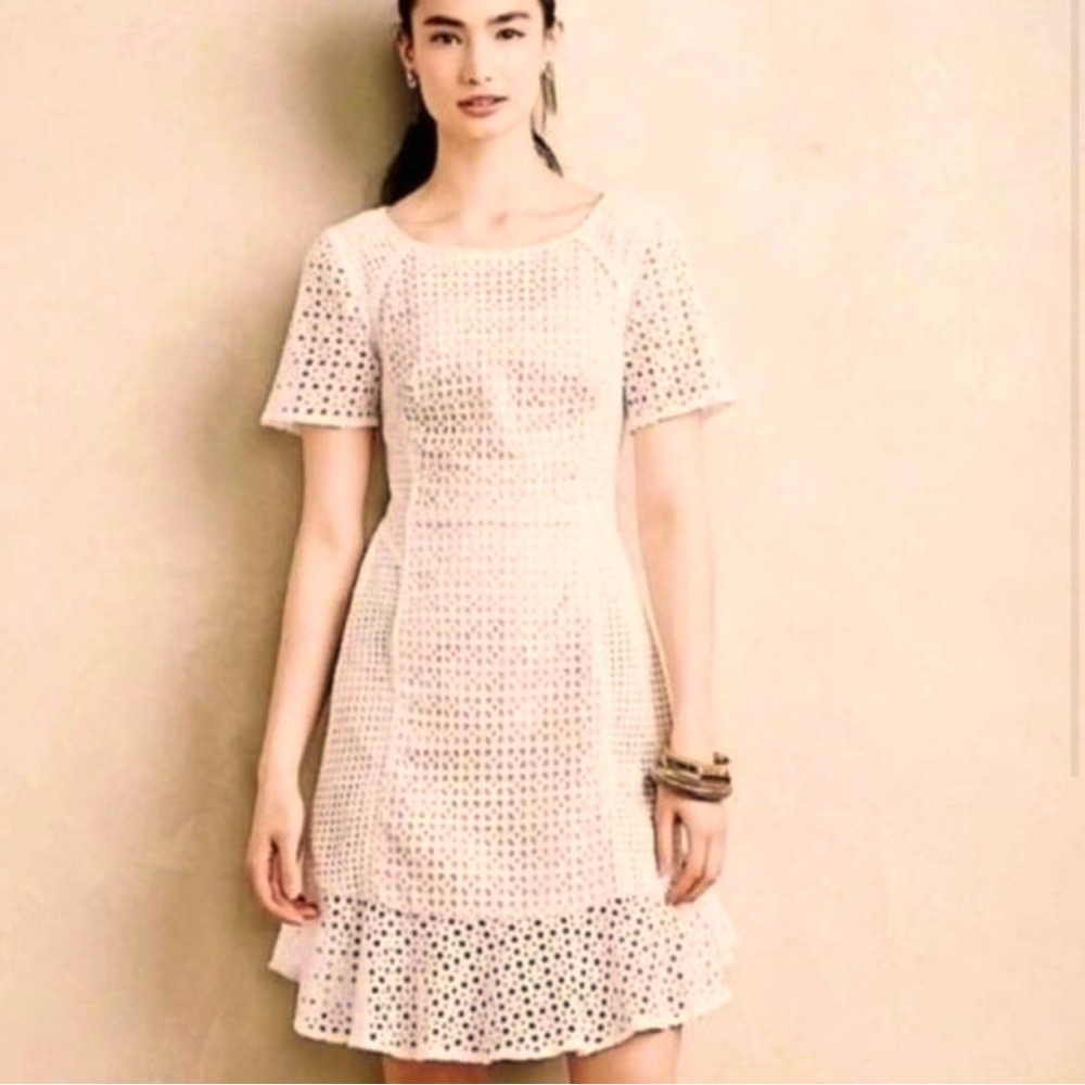 Anthropologie HD in Paris White Eyelet Short Sleeve Dress Size 8